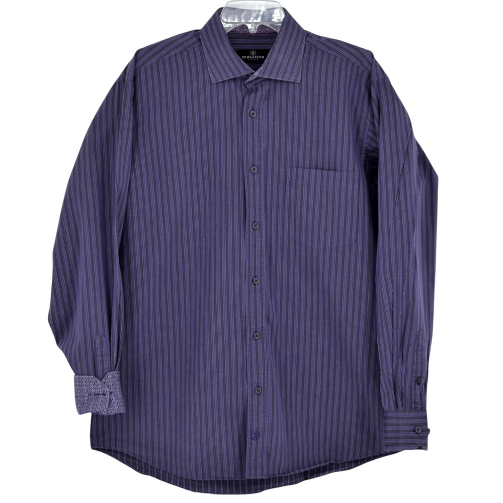 Bugatchi Uomo Mens XL Sport Shirt Purple Tonal Striped Geometric Cuffs Cotton